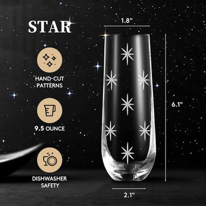 SHOSHIN Stemless Champagne Flutes - Elegant Hand-Cut Crystal Glasses - color: Stars