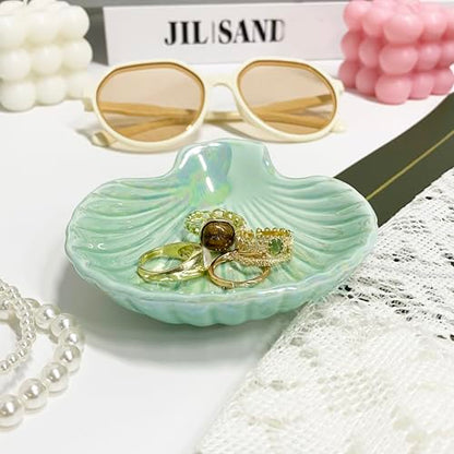 Ceramic Shell Ring Holder Dish, Small Shell Trinket Dish, Beachy Jewelry Plate for Earrings Necklace Valentine's Mother's Day Christmas Birthday Gifts for Women, 3.9", Ice Green Iridescent Surface - color: Ice Green
