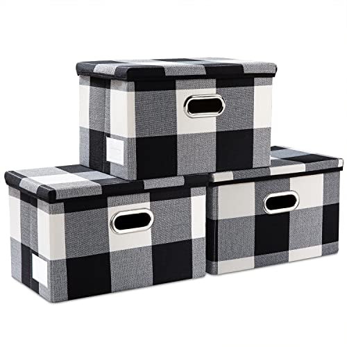 Collapsible Storage Bin with Lid [3-Pack] Fabric Foldable Storage Box Organizer Container Basket Cube with Cover for Home Bedroom Closet Office Nursery Black and White Grid(14.9x9.8x9.8) - color: Black and White Grid, size: M(3-Pack)