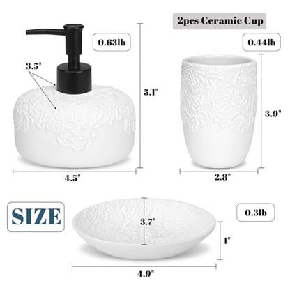 Bathroom Accessories Set, 4pcs Ceramic with Embossed Design Look Sets Bathroom Soap Dispenser 13.5oz & 2Pcs Ceramic Cup, 1Pcs Soap Dish - color: White-black