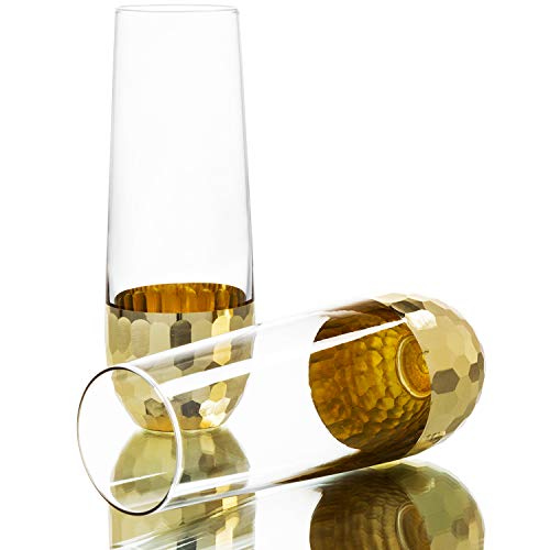 MyGift Modern Stemless Champagne Flute Glass Set of 4 Party Drinkware, Cocktails Prosecco Mimosa Glasses with Hammered Brass Plated Bottoms - color: Brass