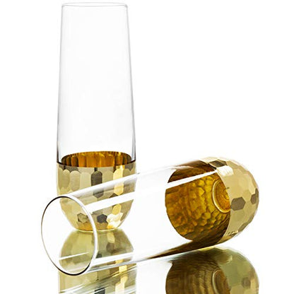 MyGift Modern Stemless Champagne Flute Glass Set of 4 Party Drinkware, Cocktails Prosecco Mimosa Glasses with Hammered Brass Plated Bottoms - color: Brass