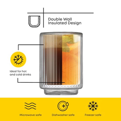 JoyJolt Haven Fluted Stackable Espresso Cups Set of 4, 2.5oz Ribbed Double Wall Glasses, Stacking Insulated Coffee Cup Set, Small Glass Coffee Cups for Espresso Machine Accessories - style: Espresso Glasses