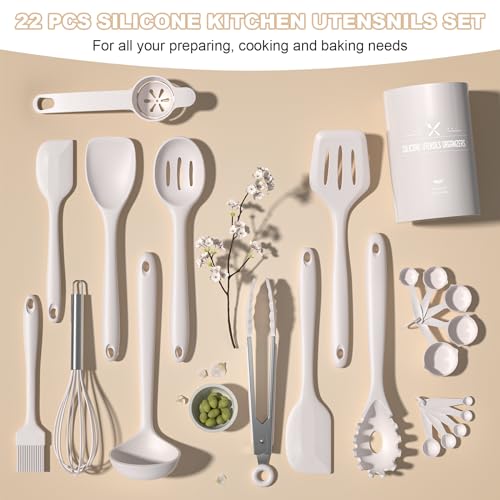 Kitchen Utensils Set, Umite Chef 22Pcs Silicone Cooking Utensils Set, Heat Resistant Silicone Kitchen Spatulas Set with Holder, White Cooking Gadgets Tools Set for Nonstick Cookware, Dishwasher Safe - color: White