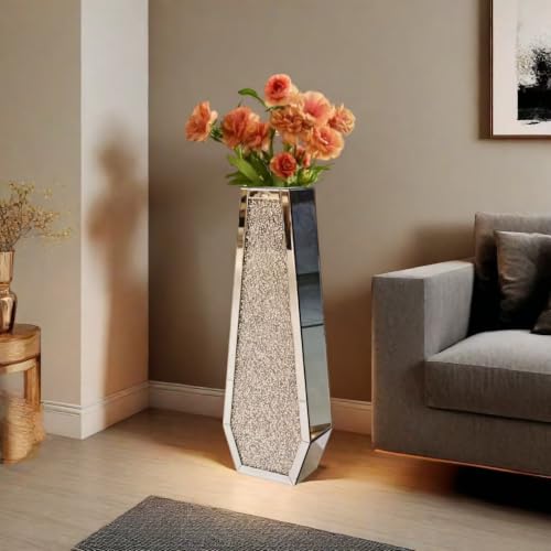 30" Large Double Sided Crushed Diamond Vases,Tall Silver Mirrored Vase for Floor, Crystal Crush Diamond Decorative Vase for Home,Office,Hotel (Silver,10.6" Lx5.3 W x30 H) - color: Silver, size: 10.6" L x 5.3" W x 30" H
