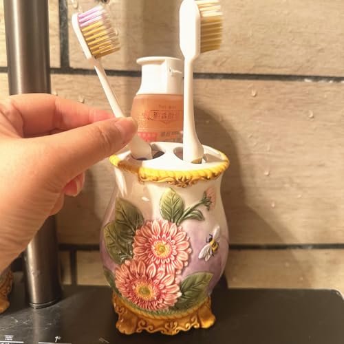 Ceramic Sunflower Bathroom Accessories Set, 4 Piece Bathroom Ensemble Set with Toothbrush Holder, Toothbrush Cup, Soap Dispenser, Soap Dish (Pink) - color: Pink