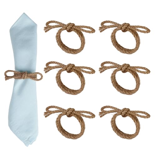 Rustic Bow Napkin Rings Set of 6, Handmade Boho Jute Rope Napkin Ring | Farmhouse Bow Knot Napkin Buckles for Wedding, Thanksgiving, Christmas & Home Table Decor - size: 6
