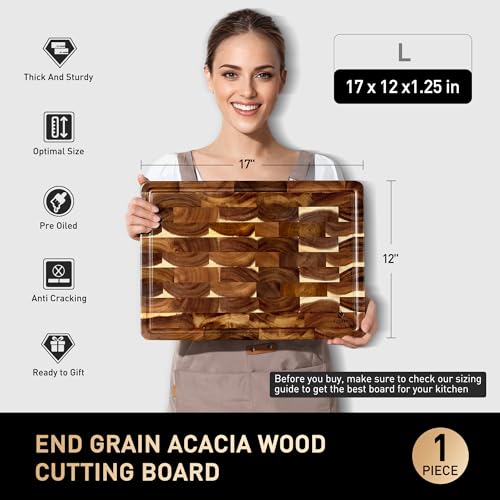 End Grain Cutting Board for Kitchen with Non-slip Feet, Acacia Wood Heavy Duty Checkered Cutting Board Upgraded Chopping Board with Juice Groove & Handle Large Wooden Butcher Block with Gift Box - size: 17"L x 12"W