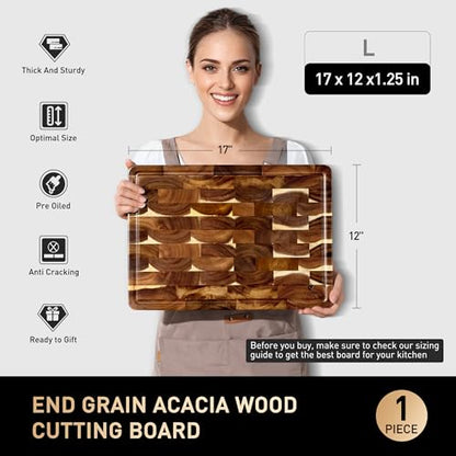 End Grain Cutting Board for Kitchen with Non-slip Feet, Acacia Wood Heavy Duty Checkered Cutting Board Upgraded Chopping Board with Juice Groove & Handle Large Wooden Butcher Block with Gift Box - size: 17"L x 12"W