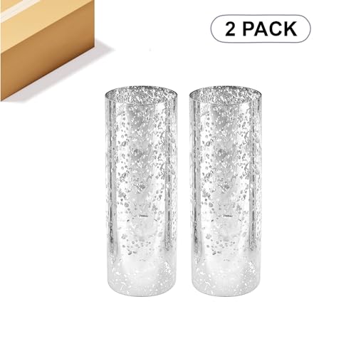 WGVI Hurricane Candle Holder Sleeve, W: 4", Ht: 10", Silver Speckled Glass Cylinder Open Both Ends, Chimney Tube Shade, 2 Pieces - color: Silver Speckle, size: 4x10"H