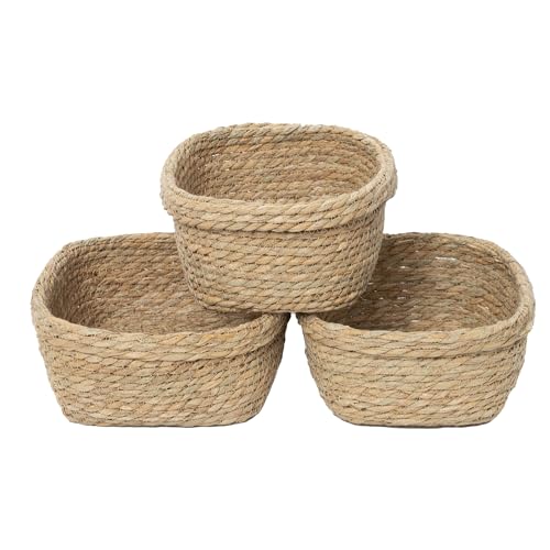 Square Seagrass Storage Baskets Set of 3, Hand Woven Stitched Rolled Edge Baskets, Boho Decorative Woven Baskets for Bathroom Kitchen Living Room Nursery