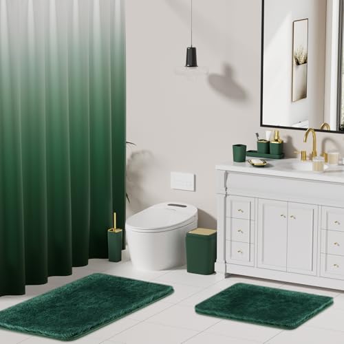XLHOMO Bathroom Set - Dark Green Bathroom Sets with Shower Curtain and Rugs, 24PCS Shower Curtain Set with Hooks, Soap Dispenser, Soap Dish, Toilet Brush Holder and Trash Can for Housewarming - color: Dark Green and Gold, size: Bathroom Set+Shower Curtain