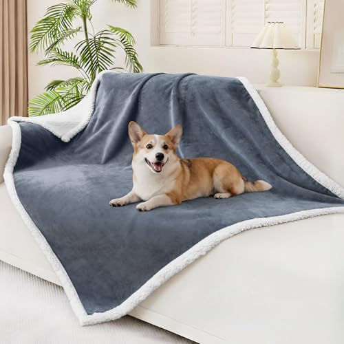 Smiry Waterproof Blanket Throw, Reversible Dog Blanket for Sofa Couch Bed | Soft Leakproof Sherpa Fleece, Washable Furniture Couch Protector for Large Dogs Cats, 50"x60", Grey/White - color: Grey/White, size: 50"x60"