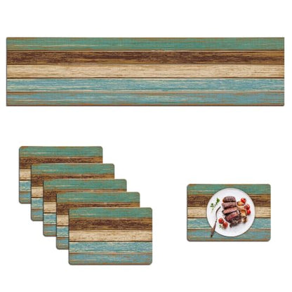 Mcalk Farmhouse Table Runner and Placemats Set of 6 Pieces, Teal and Brown Placemats Wooden Texture,Rectangle Cloth Place Mats Indoor for Kitchen,Washable Placemats Linen Material for Living Table - color: 01teal and Brown