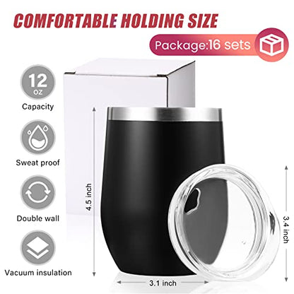Remagr 16 Pack Stainless Steel Wine Tumblers 12 oz Insulated Vacuum Wine Cup Set Double Wall Stainless Steel Stemless Mug Glasses for Coffee Soda Whiskey Outdoor Travel (Black) - color: Black