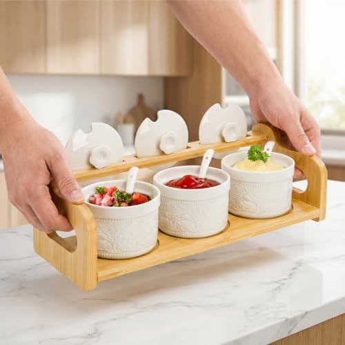 10 Pack Sauce Serving Dish with Spoons and Lids, 5 Oz | Ceramic Chip Dip Sauce Bowls with Bamboo Tray, 3 Condiment Seasoning Jars Salt Sugar Container for Snacks, Appetizers