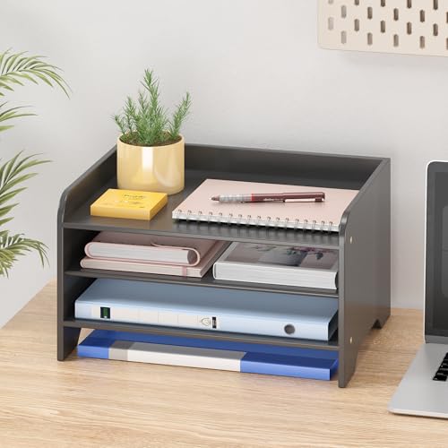 Bamboo File Organizer for Desk, Desktop Paper Tray and Mail Holder | Three open tiers keep A4/letter paper, folders, bills and mail sorted, visible and easy to reach while saving desk space - color: Black, size: Small