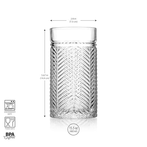 Highball Glasses Set of 4 Herringbone, 15.5 oz Tall Drinking Glasses, Elegant Textured Premium Glassware Tumblers for Water, Juice, Cocktails, Everyday use Vintage Style Beverage Glass Set