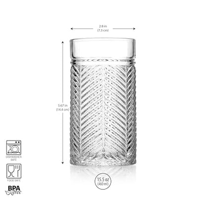 Highball Glasses Set of 4 Herringbone, 15.5 oz Tall Drinking Glasses, Elegant Textured Premium Glassware Tumblers for Water, Juice, Cocktails, Everyday use Vintage Style Beverage Glass Set