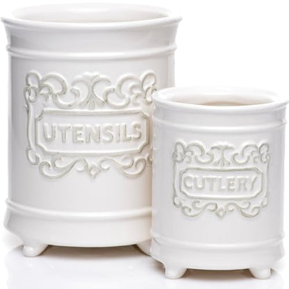 25DOL Large 7.5"+5.5" Elegant Ceramic Utensil Holder for Countertop, Cooking Utensils Organizer for Spatula, Large Utensils Crock for Kitchen Counter, Kitchen Decor, set of 2, White