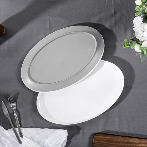 Webbylee ‌16" Melamine Oval Platter Set of 2 - Lightweight Durable Serving Tray for Party, Catering & Home | Dishwasher Safe, Fits Turkey/Charcuterie-White & Grey - color: White-Grey / 16-O, size: 15.8-inch