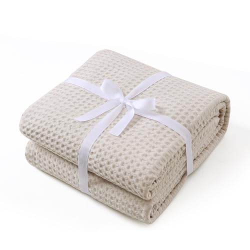 100% Egyptian Cotton Waffle Weave Throw Blanket for Bed Couch Sofa Home Decor, Soft Lightweight Bed & Couch Blanket for All Seasons (Light Khaki - Twin Size - 66 * 90") - color: Light Khaki, size: Twin - 66*90''