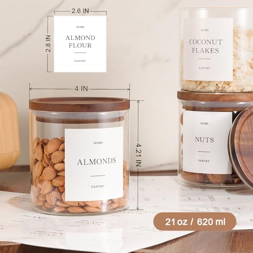 6 Pack Glass Jars with Acacia Lids, 21oz Pantry Airtight Storage Containers | Glass Kitchen Canisters with 105 Labels, Food Storage Containers for Pantry with Wood Lids for Coffee, Tea, Sugar, Spice - size: 21oz 6 Pack