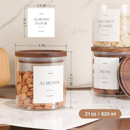 6 Pack Glass Jars with Acacia Lids, 21oz Pantry Airtight Storage Containers | Glass Kitchen Canisters with 105 Labels, Food Storage Containers for Pantry with Wood Lids for Coffee, Tea, Sugar, Spice - size: 21oz 6 Pack