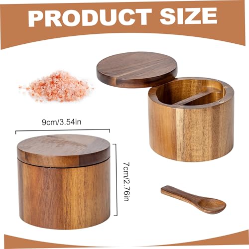 Salt Container with Spoon 2 Compartment 3.5x2.8 Inch Wooden Cellar with Magnetic Swivel Lid Spice Box for Kitchen, Salt Box