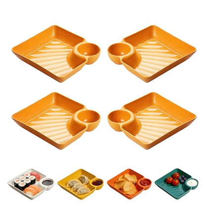 4 Pcs Chips and Salsa Serving Dish Plates, Veggie Platter Dipping Serving Trays with Sauce Rack for Buffet, Family Party, Appetizer, Sushi, Taco, Salsa, Charcuterie, Barbecue Plate. Reusable (Yellow) - color: Yellow