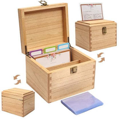 KIRIGEN Wooden Recipe Box with Cards and Dividers, 2 Compartments, Natural | Recipe Card Box Includes About 100 Cards, 100 Protectors, 12 Dividers, Acrylic Shield, Hinged Lid, and Metal Clasp - color: Natural