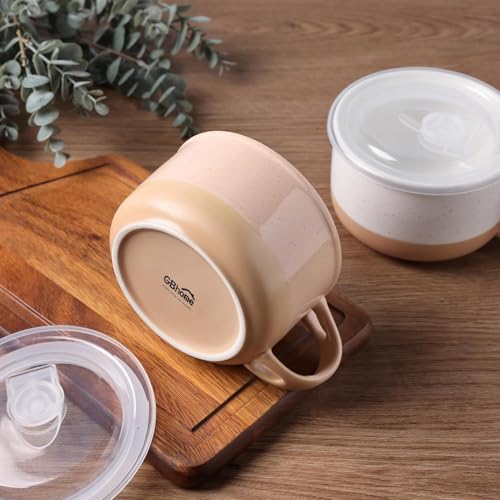 GBhome Ceramic Soup Mugs with Handles and Lids,24 OZ Soup Cups Set of 2 | Terracotta Underside,Mug Bowls with Spoon for Soup/Cereal/Salad/Noodles/Ramen/Microware &Dishwasher Safe - color: White & Orange