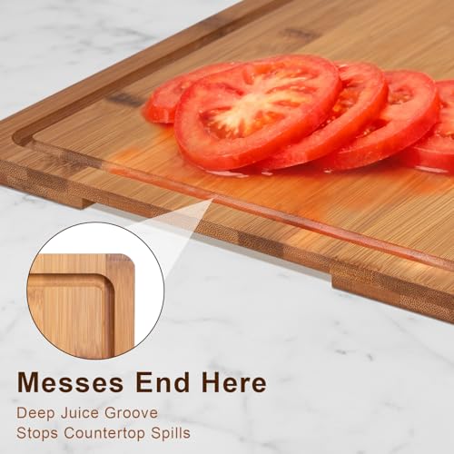 Cutting Board Set with Holder, Space Saving Kitchen Bamboo Chopping Boards, Build in Juice Groove and Grip Handle, Durable Wooden Serving Board for Meal Prep & Charcuterie, Gift Idea - color: Carbonized Bamboo, size: Set of 3 | Small + Medium + Large