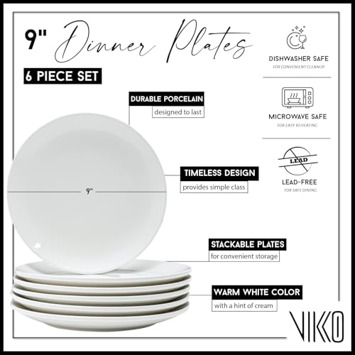 Vikko Dinner Plate, Set of 6 White Plates, 9 Inch Ceramic Dinner Plates Set, Stackable Dinner Plates for Every Day and Special Occasion, Restaurant Style, Dishwasher Safe, Microwave Safe - size: 9" Dinner Plate
