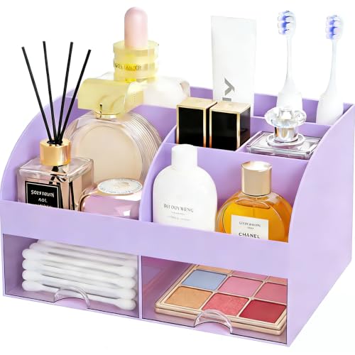 Makeup Organizer with 2 Drawers, Cosmetic Storage for Dresser Vanity and Bathroom Countertop,Make up organization and Skincare Storage with Beauty Brush Holder, Cosmetic Display Case (Purple) - color: Purple