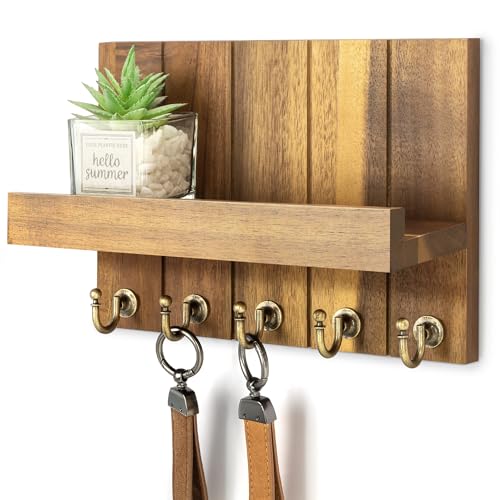 Rebee Vision Acacia Wood Key Holder Wall Mount with Shelf Home Decor, Brown | 3.54'' x 10'' x 7.28'', Floating Shelf, Plant Display, Key and Mail Holder for Wall, Rustic Accent for Apartment Storage - color: Acacia Wood, size: 10 inches