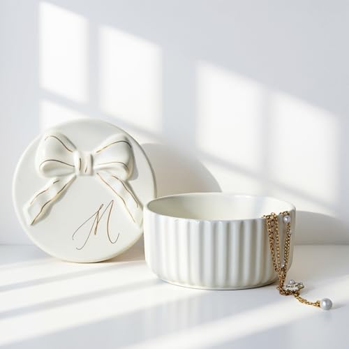 COLLECTIVE HOME Ceramic Jewelry Box with Bow, Nightstand Vanity Decor(M) | Jewelry Tray with Lid, Christmas Mother's Day Birthday Gifts for Women, Wedding, Bridal Shower, Bridesmaid Proposal Gifts - color: M