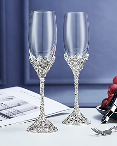 Champagne Flutes - Crystal Glass Metal Base With Crystal Stones, Set of 2 Toasting Flute Pair, Wedding Anniversary Party Birthday Banquets and Gifts for Bride and Groom(Silver) - color: Silver