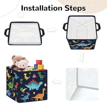 Clastyle 11.8" Dinosaur Storage Basket Set of 3 for Kid Boy Toy Clothes Bin | Collapsible Fabric Book Bin, Metal Frame Bottom Board, Cube Organizer, Closet Nursery Pantry Shelf Bedroom, Black Dino - color: Black