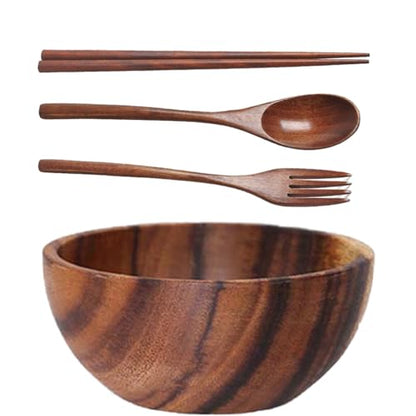 Kopida Large Acacia Wood Round Serving Bowl with Utensils Wooden Forks and Spoons for Fruit Salad Vegetables Pasta Soup Cereals Decorative Wooden Nest Bowl Ramen Bowl, 6.3" Diameter x 3" Height