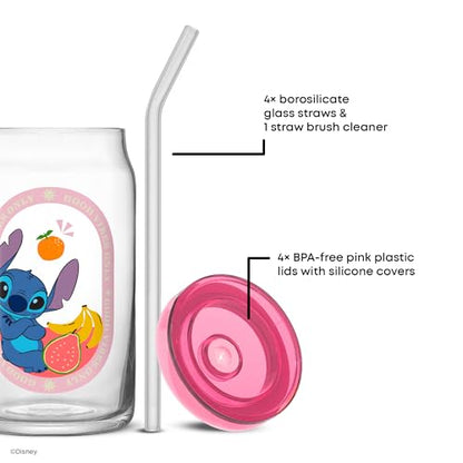 JoyJolt Disney Stitch Island Vibes Glass Tumblers with Lids and Straws, 16oz Glass Cups with Lids and Straws, Can Shaped Drinking Glasses Set of 4, Stitch Stuff, Disney Gifts for Adults - style: Stitch