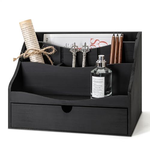 Rebee Vision Mail Organizer for Desk with Drawer for Store Jewelry, Black | Pine Wood, Mail Sorter, 4-Slot Letter Sorter, Countertop Organizer, Office Desk, Letter Holder, Home Decor Aesthetic - color: B-Black
