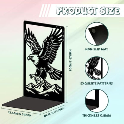 5.3"x4.3"x7.9" Metal Bookends, Heavy Duty Book Ends for Shelves | Eagle Theme Cast Iron Book Supports, 1 Pair Decor Stoppers for Desk, Library, Office & Home Shelves - style: Eagle