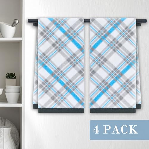 VOOVA & MOVAS Checkered Kitchen & Bathroom Towels 4PC 15"x25", 100% Cotton | 400GSM Light & Fluffy, Soft Touch, High Absorbency, Trendy Blue and Gray Plaid, Dual Kitchen and Bathroom Application - color: Blue + Gray, size: 4PC Hand Towels