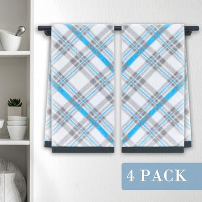VOOVA & MOVAS Checkered Kitchen & Bathroom Towels 4PC 15"x25", 100% Cotton | 400GSM Light & Fluffy, Soft Touch, High Absorbency, Trendy Blue and Gray Plaid, Dual Kitchen and Bathroom Application - color: Blue + Gray, size: 4PC Hand Towels