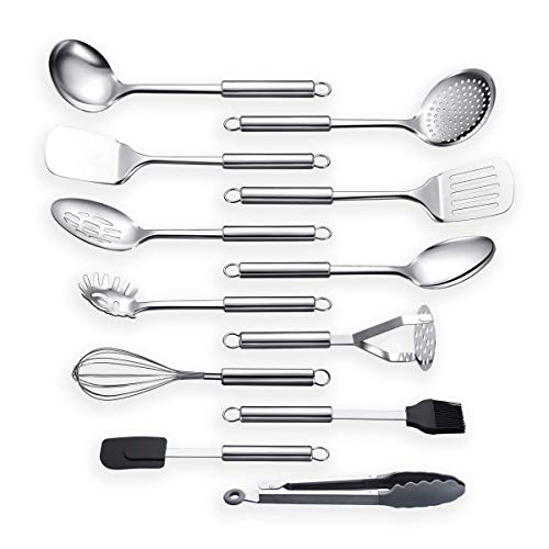 Berglander Cooking Utensil Set 12 Piece Stainless Steel Kitchen Tool Set, Include Cooking Spoon, Spatula, Whisk, Cooking Tong and etc (12 Pieces) - color: C. 12 Pieces