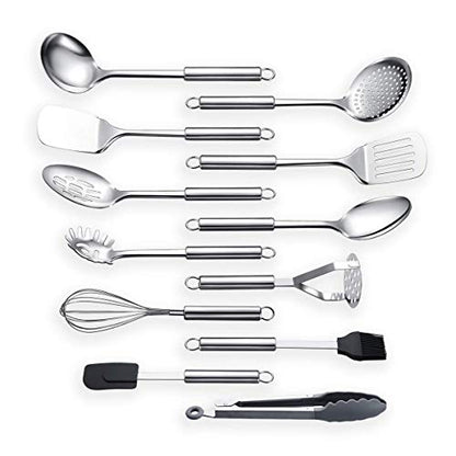Berglander Cooking Utensil Set 12 Piece Stainless Steel Kitchen Tool Set, Include Cooking Spoon, Spatula, Whisk, Cooking Tong and etc (12 Pieces) - color: C. 12 Pieces