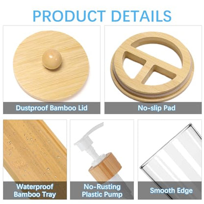 5 Pack Bamboo Bathroom Accessories Set with Tray - Plastic Soap Dispenser Clear Toothbrush Holder and 2 Qtip Holder Cotton Ball Container Jar