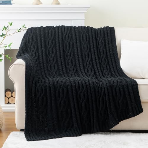 Battilo Black Throw Blanket for Couch, Cable Knit Blanket for Bed,Chair, Home Decor, Soft Cozy Woven Chenille Throw Blanket, Decorative Boho Throw Blanket, 51"x67" - color: Black