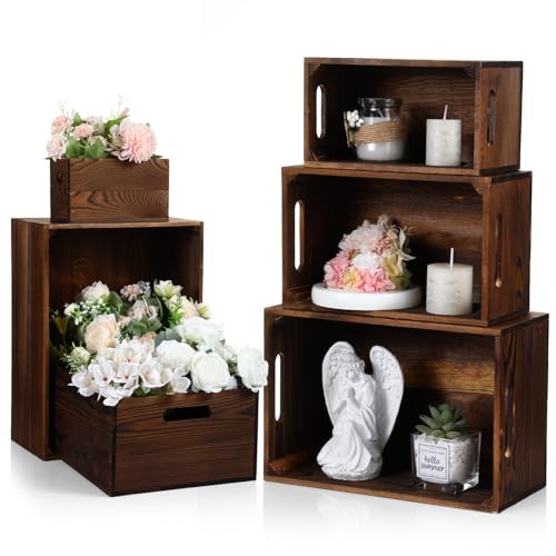 AceOrbit Set of 6 Wood Crates with Handles, Rustic Decorative Storage Boxes Distressed Wooden Nesting Display Baskets for Farmhouse, Wedding, Party Storage Display Supplies(Classic Brown) - color: Classic Brown